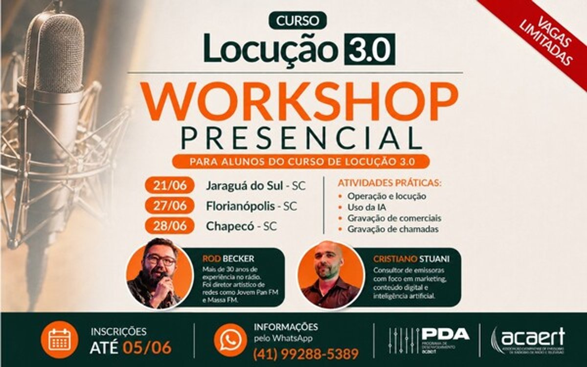 ACAERT vai realizar workshop presencial do Curso de Locução 3.0 em três cidades catarinenses