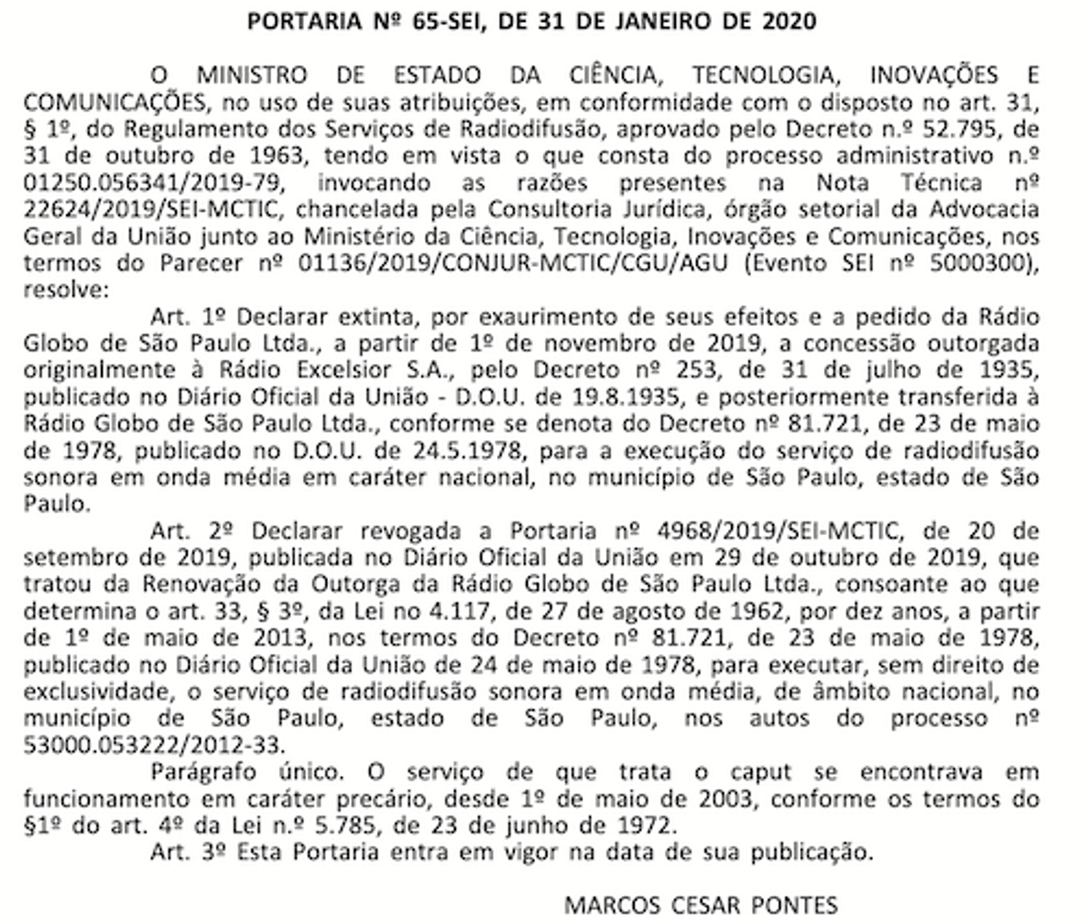 Extra: Encerramento da Rádio Globo no dial AM de São Paulo é publicado hoje no Diário Oficial da União