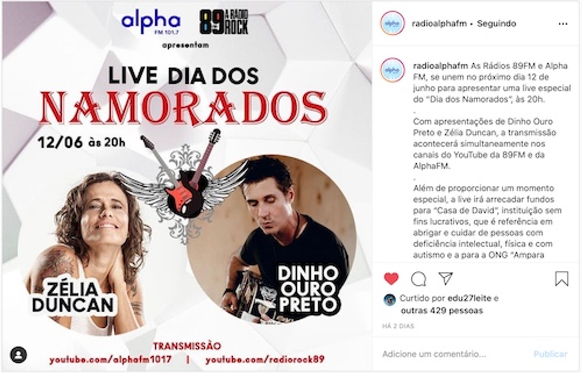 89 FM A Rádio Rock e Alpha FM realizam live especial do Dia dos Namorados. Iniciativa conta com uma ação social