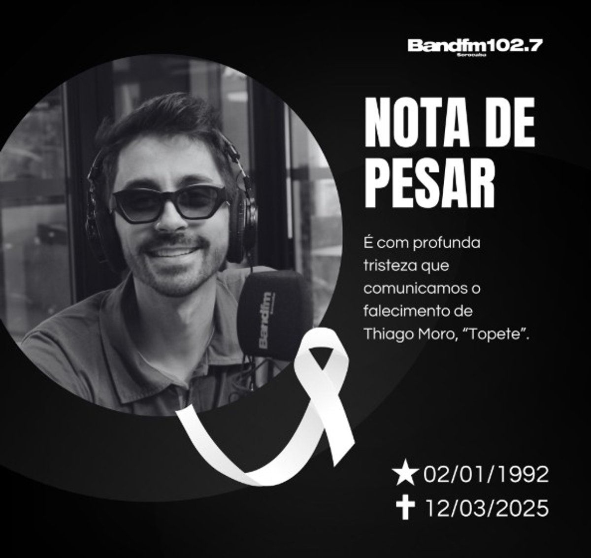 Radialista da Band FM de Sorocaba (SP) Thiago Moro Alves, o “Topete”, morre aos 33 anos