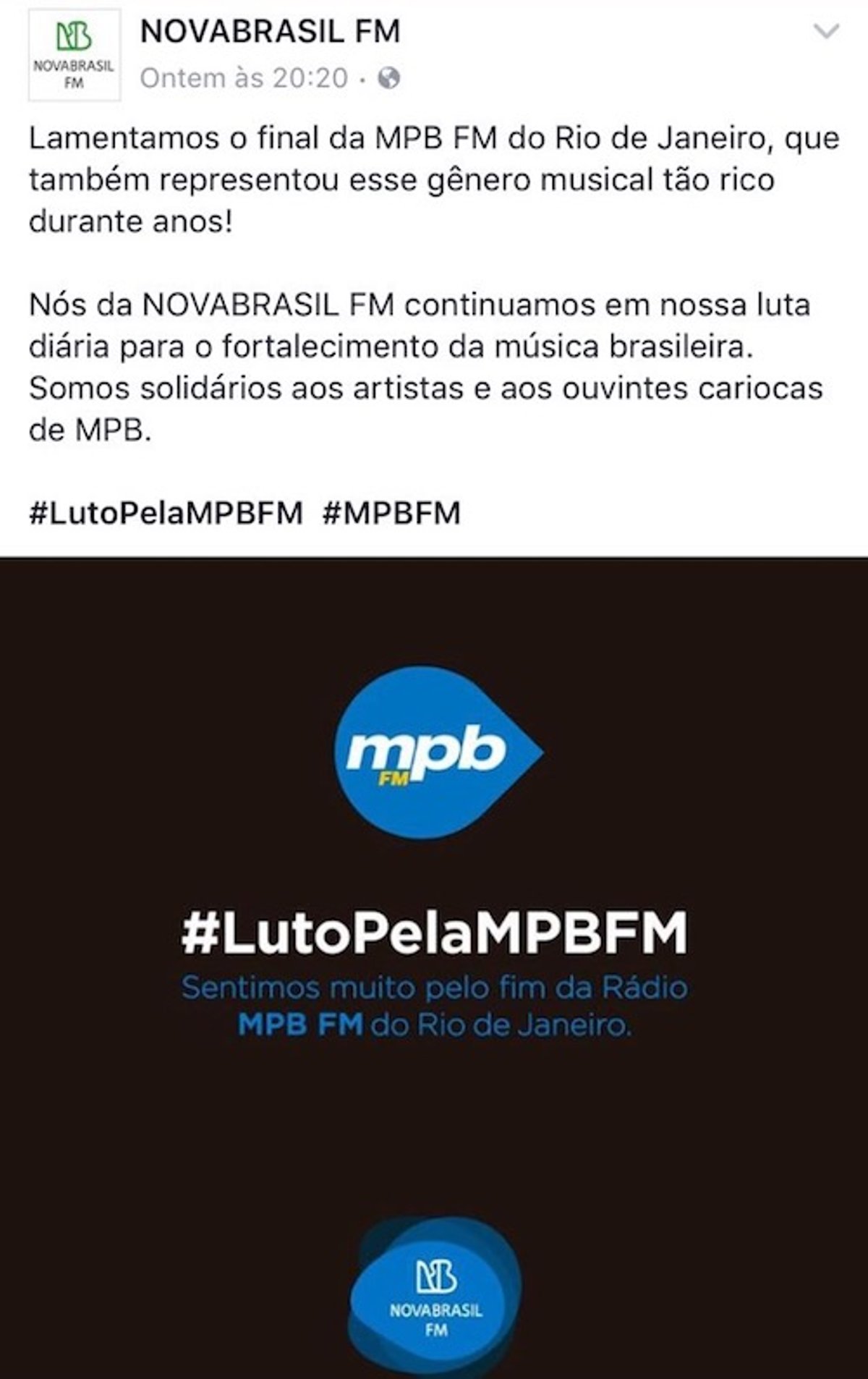 NOVABRASIL FM divulga post nas redes sociais lamentando fim da MPB FM
