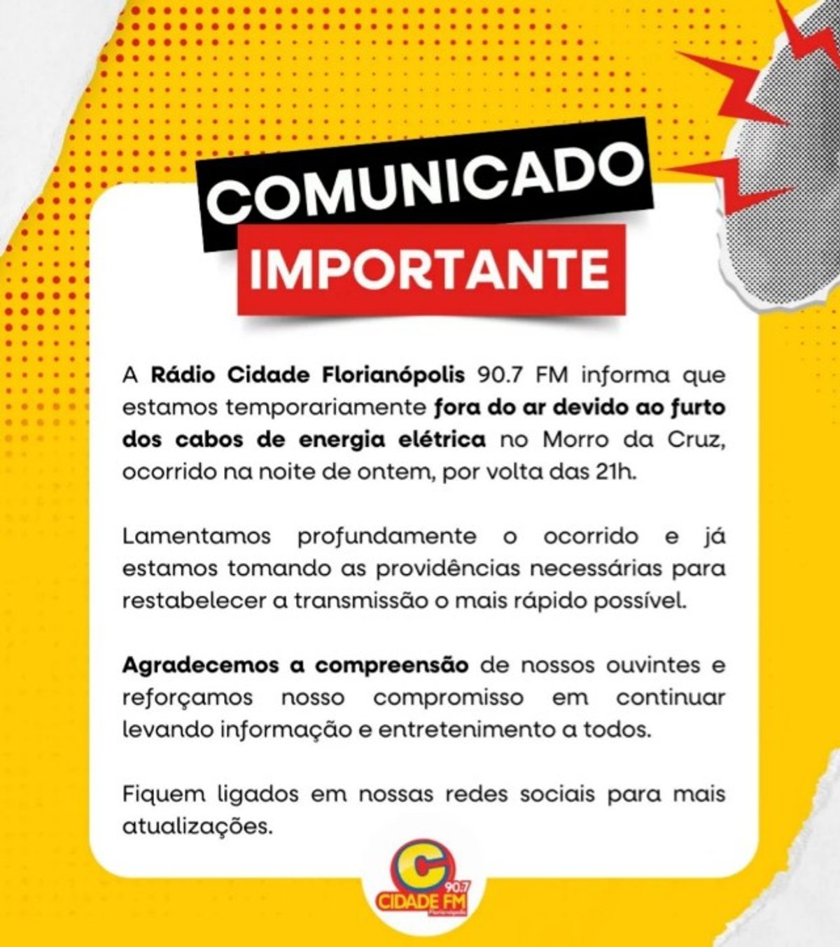 Cidade FM sai do ar após furto de cabos de energia no Morro da Cruz, em Florianópolis (SC)