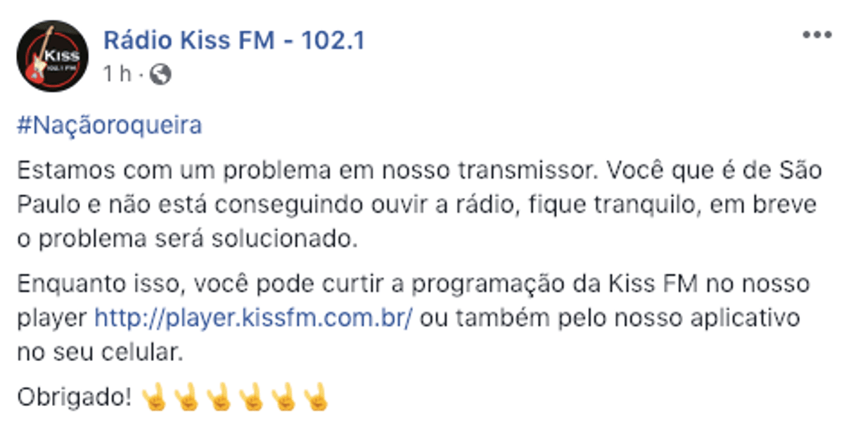 Plantão: Kiss FM informa a audiência sobre problemas de seu sinal em São Paulo