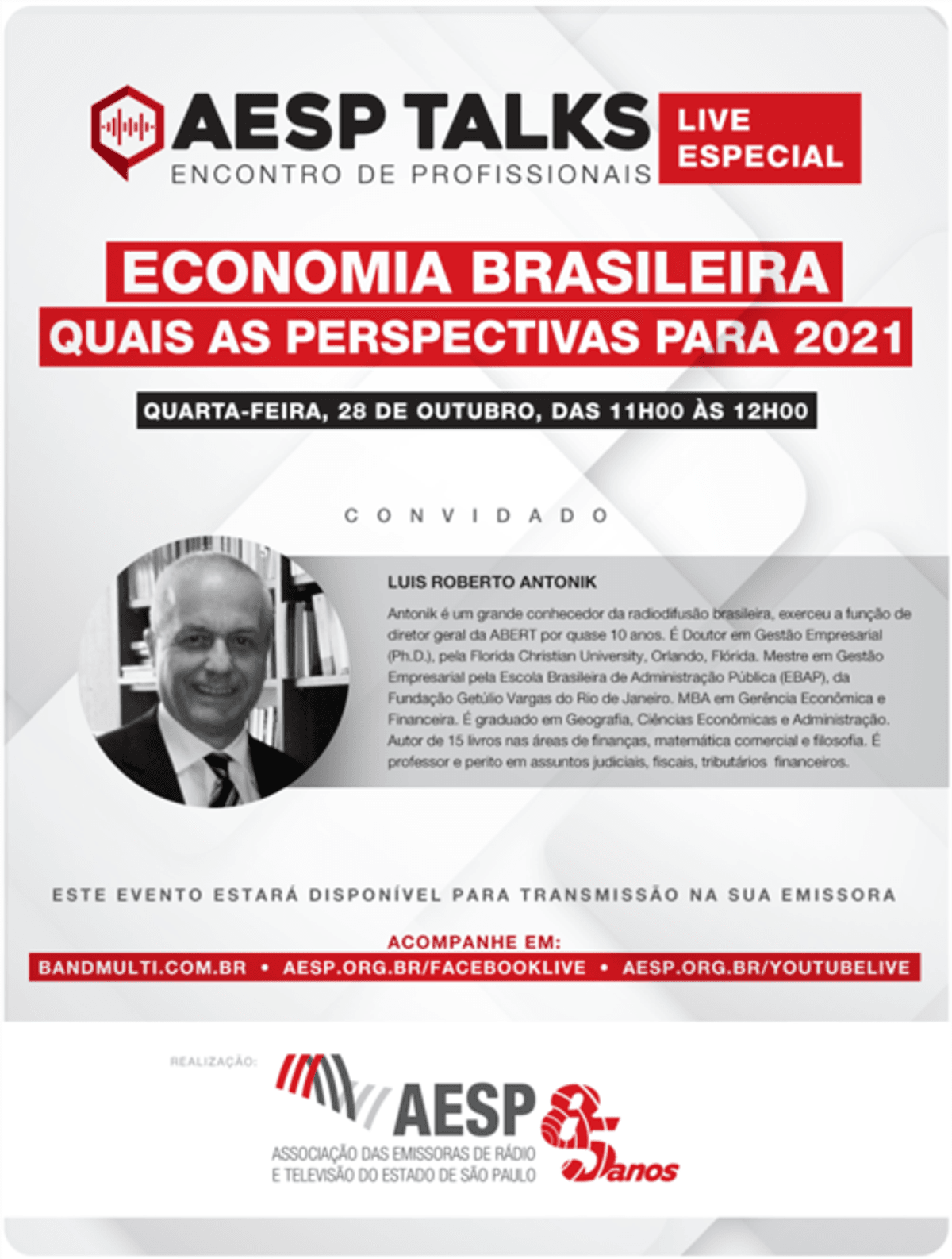 AESP Talks desta quarta-feira debate a economia brasileira e as perspectivas para 2021