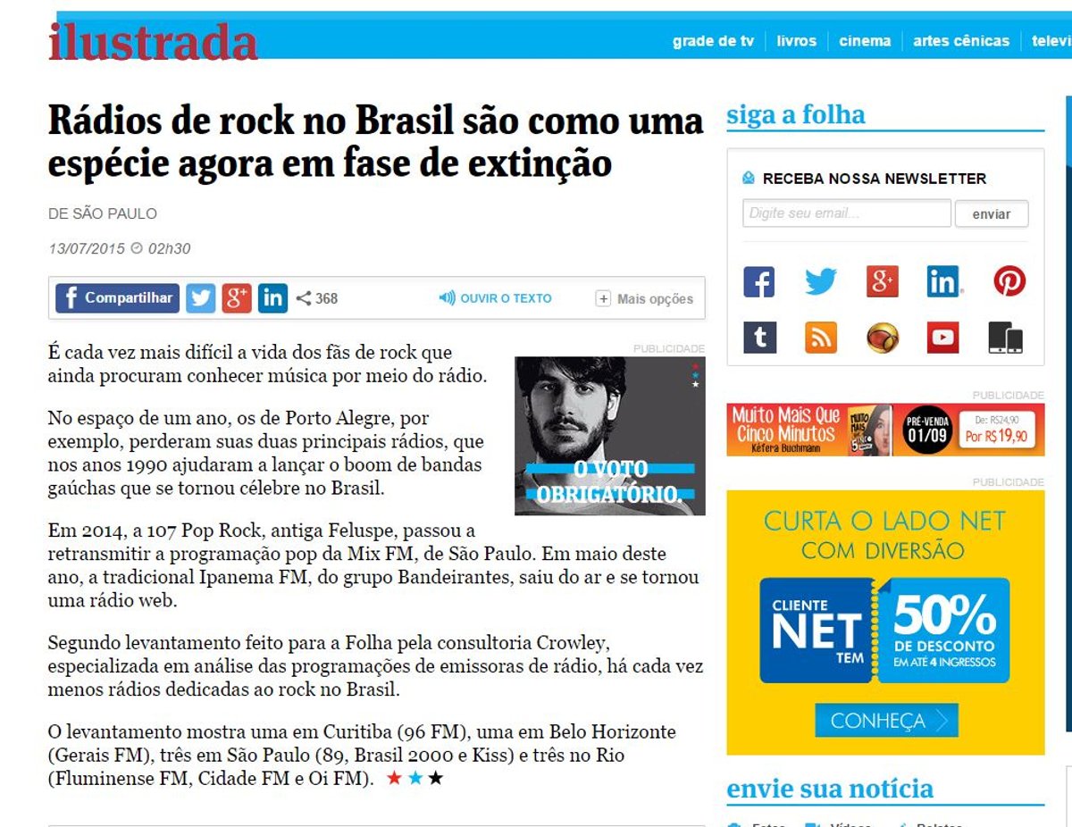 Curiosidade: Matéria da Folha cita lista desatualizada em pauta que destaca rádios voltadas ao rock