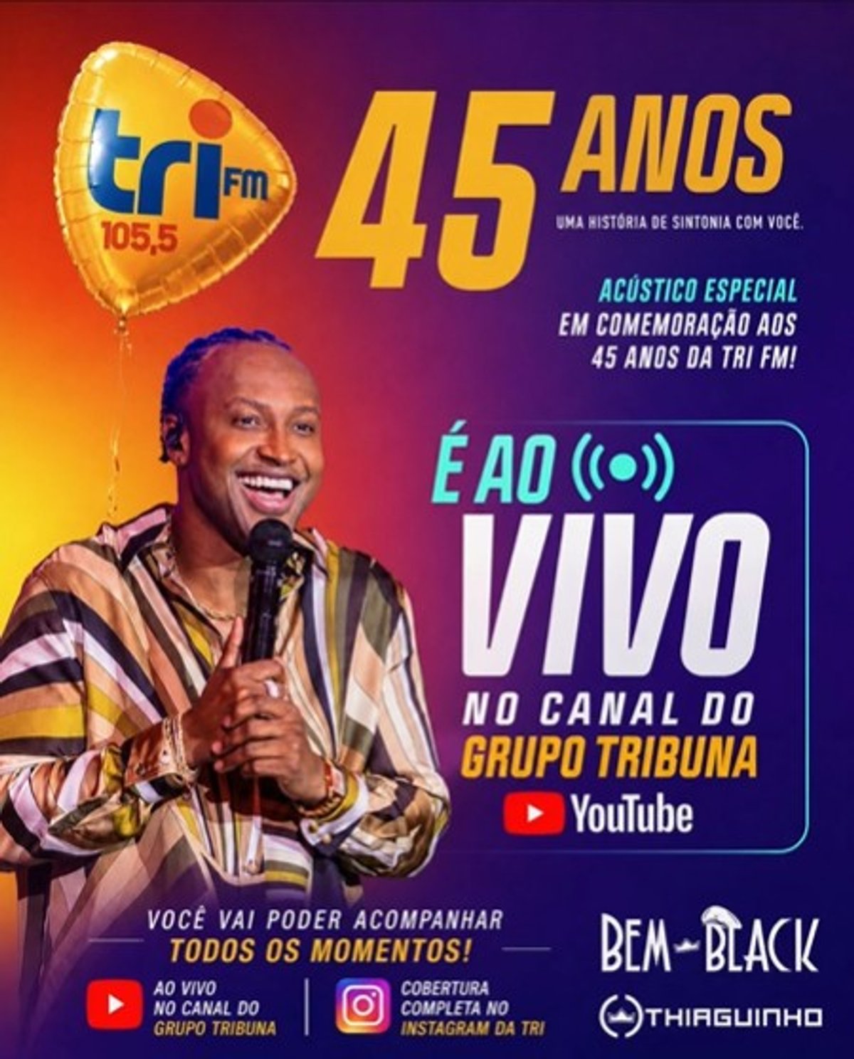 Tri FM celebra 45 anos com acústico exclusivo de Thiaguinho e ações especiais para os ouvintes