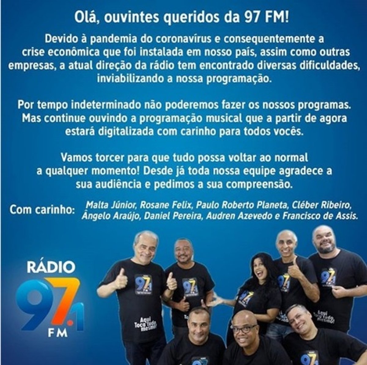 Coronavírus: 97 FM suspende temporariamente locução ao vivo. Rádio é voltada à Baixada Fluminense e ao Rio de Janeiro