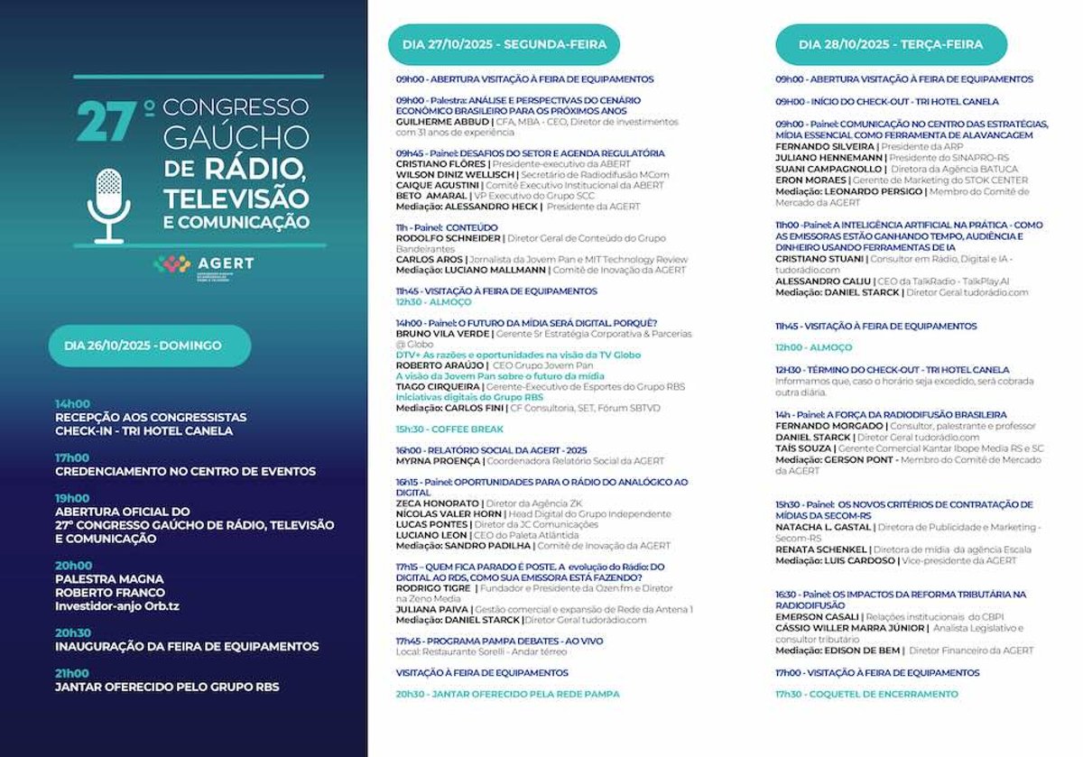 27º Congresso Gaúcho de Rádio, Televisão e Comunicação começa neste domingo e discutirá inteligência artificial, futuro digital e força da radiodifusão