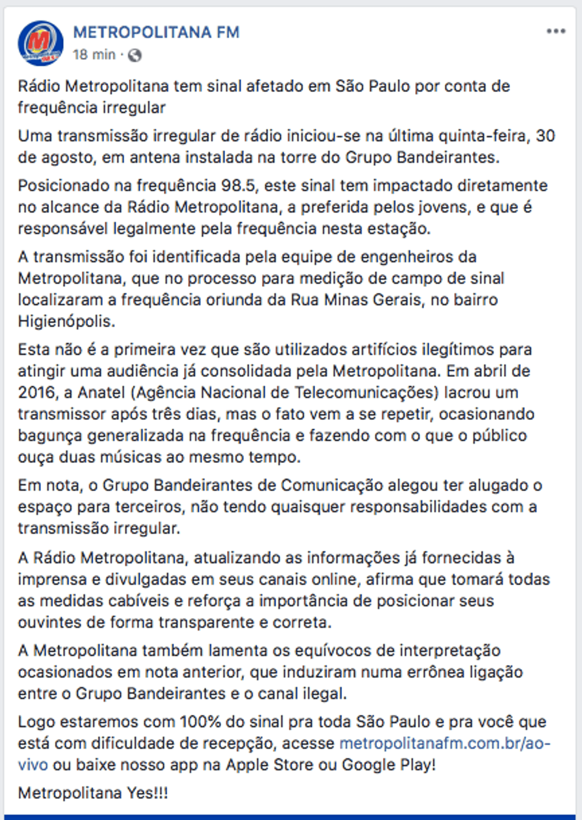 Plantão: Metropolitana FM se posiciona novamente sobre a presença de dois sinais em 98.5 FM através de outra nota