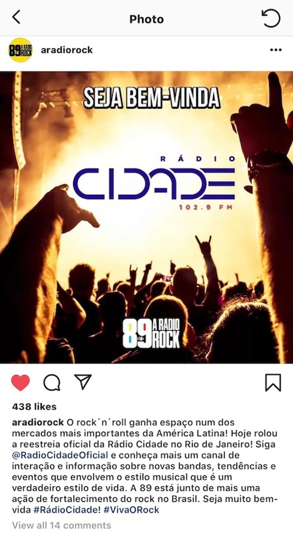 Em postagem via redes sociais, 89 A Rádio Rock dá as boas-vindas para a Rádio Cidade