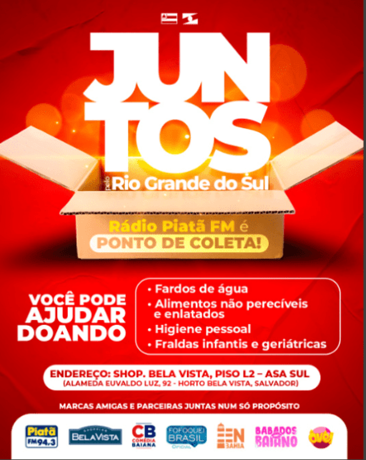 Piatã FM se une a perfis de Instagram baianos para arrecadar mantimentos para atingidos pelas enchentes no RS