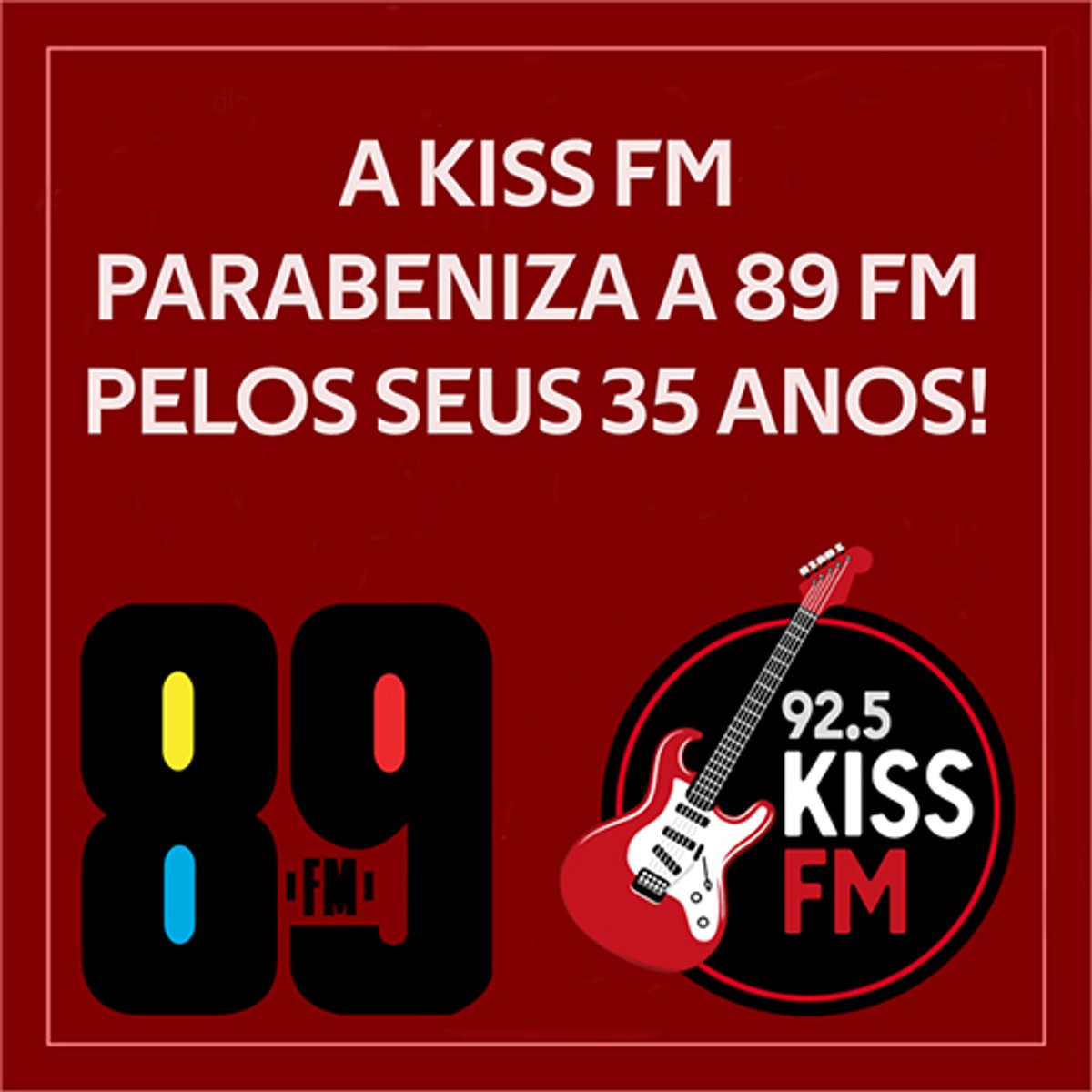 Kiss FM faz post parabenizando 89 FM A Rádio Rock pelo seu aniversário de 35 anos