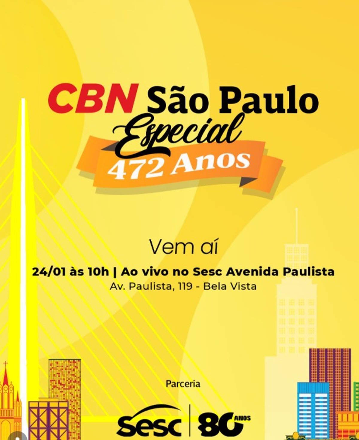 CBN realiza transmissão especial ao vivo no Sesc Avenida Paulista no aniversário da capital paulista