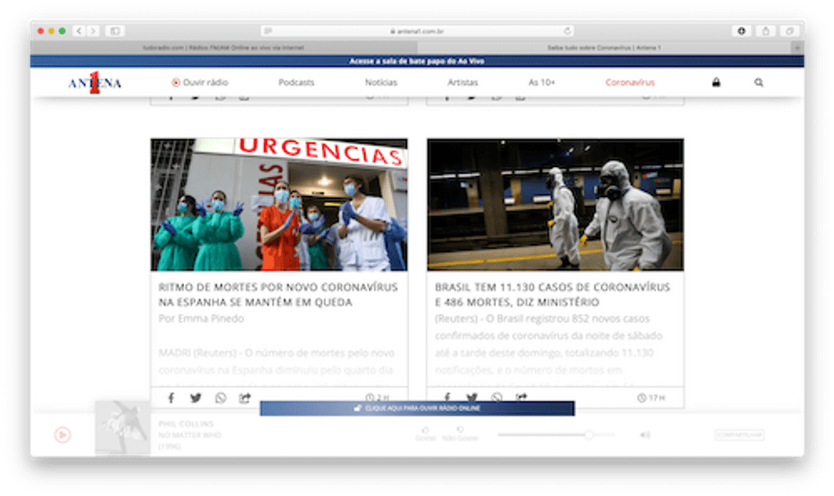 Antena 1 dedica área especial em seu portal para notícias sobre a pandemia do novo coronavírus