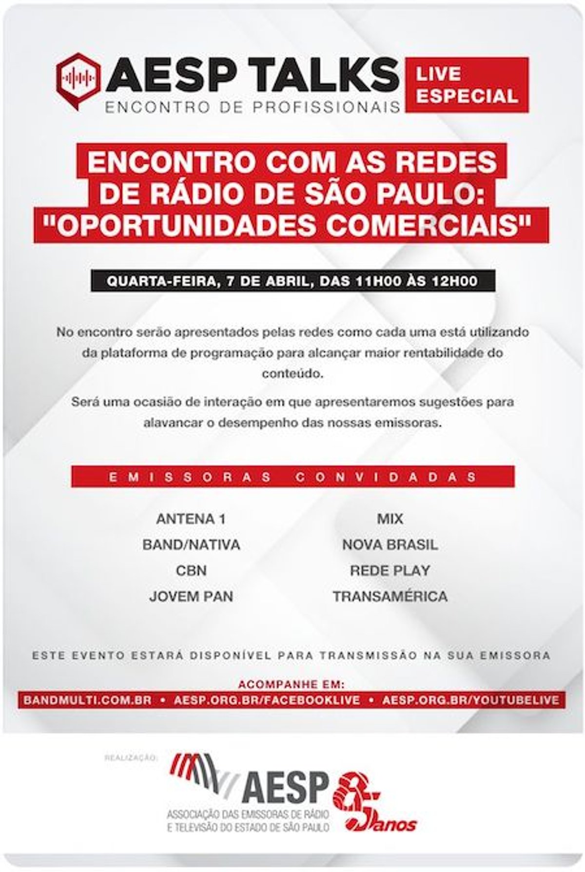 Em live, AESP reúne redes como Antena 1, CBN, Jovem Pan, Rádio Mix FM, Transamérica, NovaBrasil e Grupo Bandeirantes