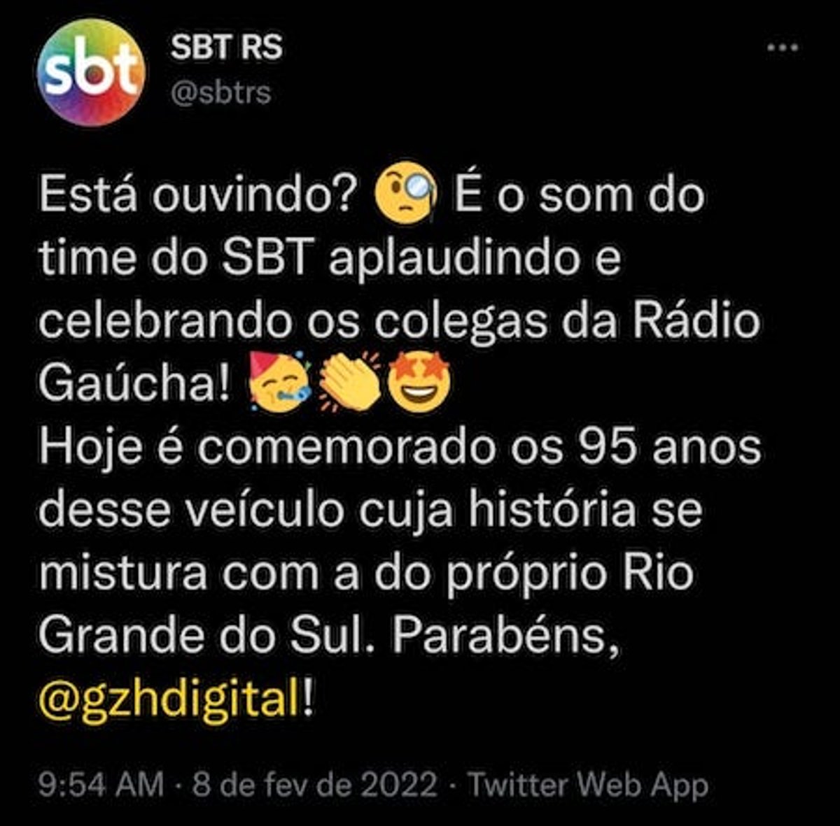SBT RS parabeniza Rádio Gaúcha pelos seus 95 anos em suas redes sociais