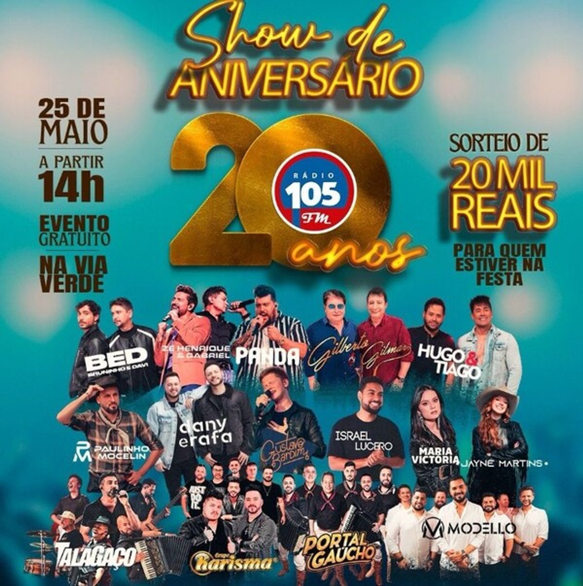 105 FM comemora 20 anos com shows gratuitos e sorteio de R$ 20 mil em Jaraguá do Sul