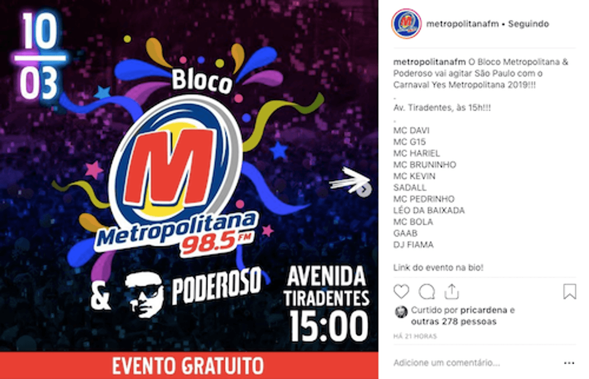 Metropolitana FM terá blocos de Carnaval em São Paulo