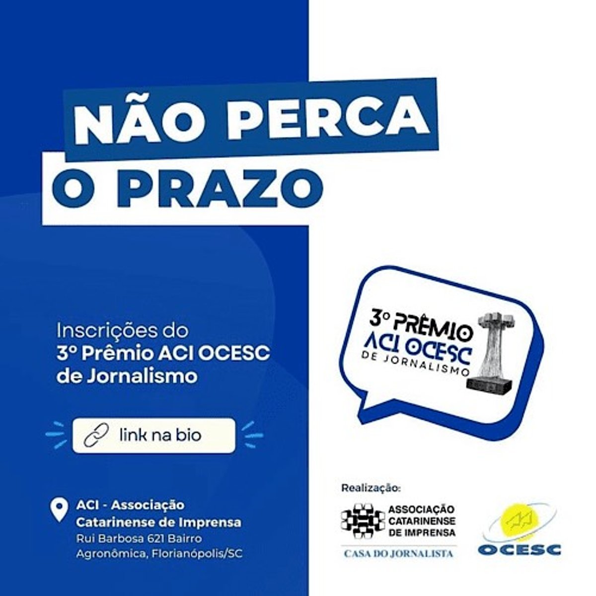 Prêmio ACI OCESC segue com inscrições abertas até esta terça-feira
