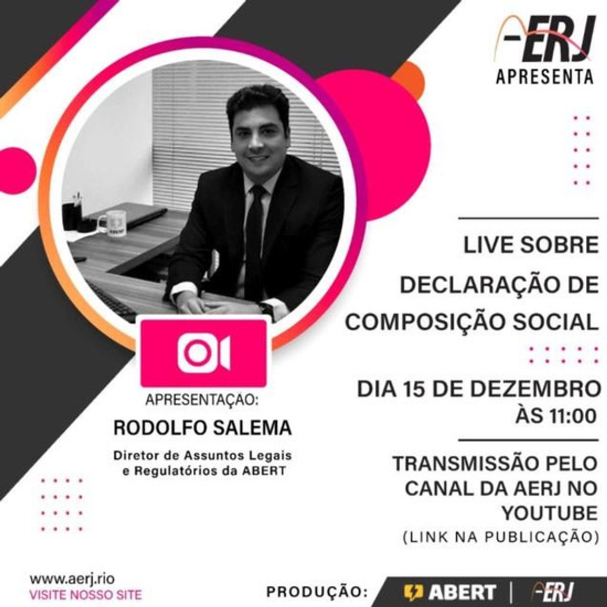 AERJ realiza live com diretor de Assuntos Legais e Regulatórios da ABERT, Rodolfo Salema no dia 15