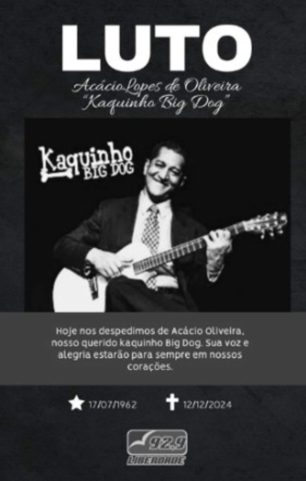 Liberdade FM divulga nota lamentando a morte de Kaquinho Big Dog em Belo Horizonte