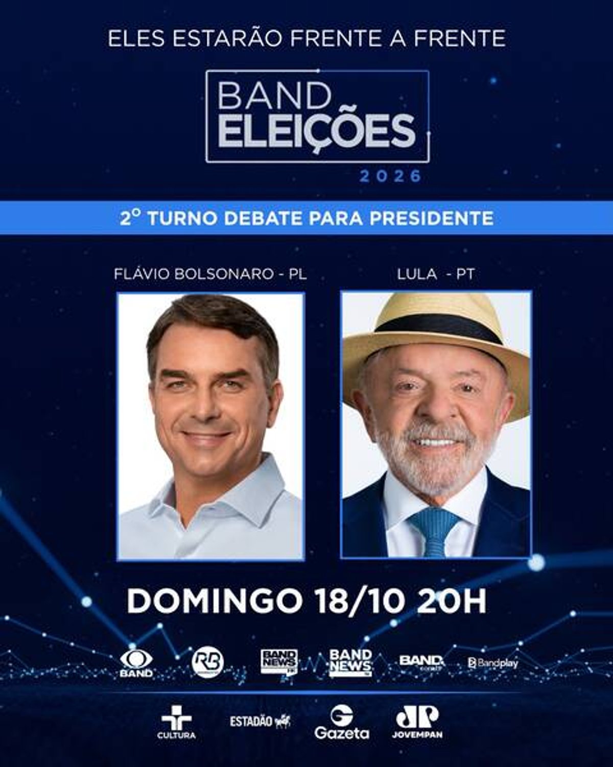 Grupo Bandeirantes confirma nova data para debate presidencial entre Lula e Flávio Bolsonaro no segundo turno