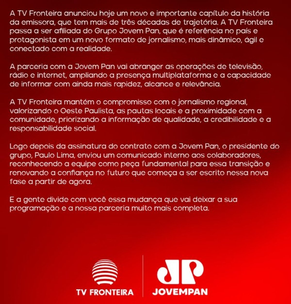 Parceria entre TV Fronteira e Grupo Jovem Pan viabiliza chegada da Jovem Pan News a Presidente Prudente (SP)