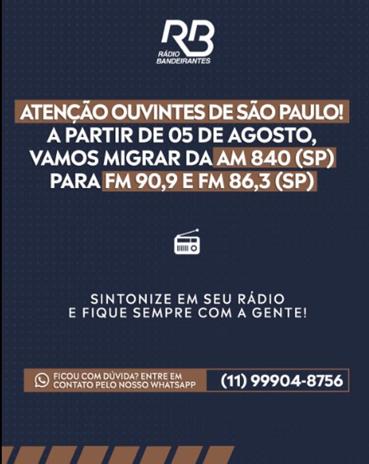 Rádio Bandeirantes terá transmissão apenas em FM a partir do dia 5 em São Paulo