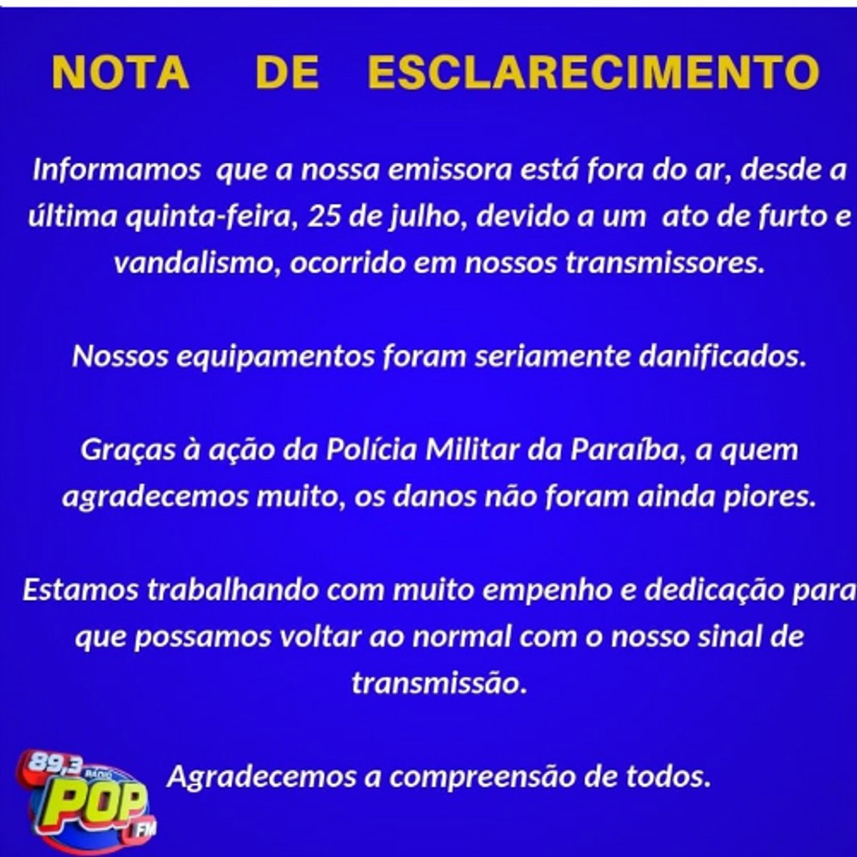 Transmissor de rádio é danificado e Pop FM fica fora do ar em João Pessoa