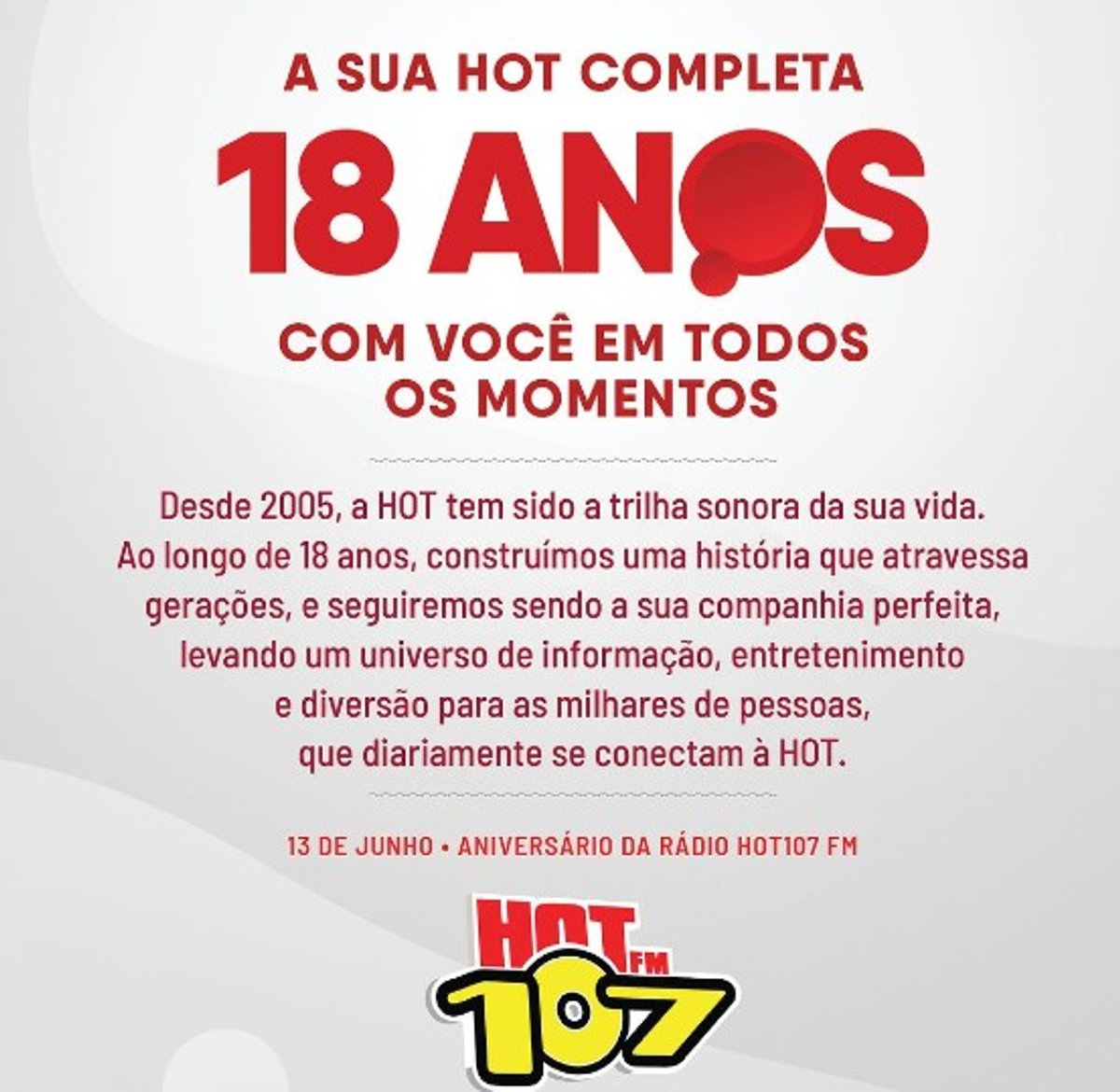 Hot 107 FM completa 18 anos operando no Centro-Oeste Paulista