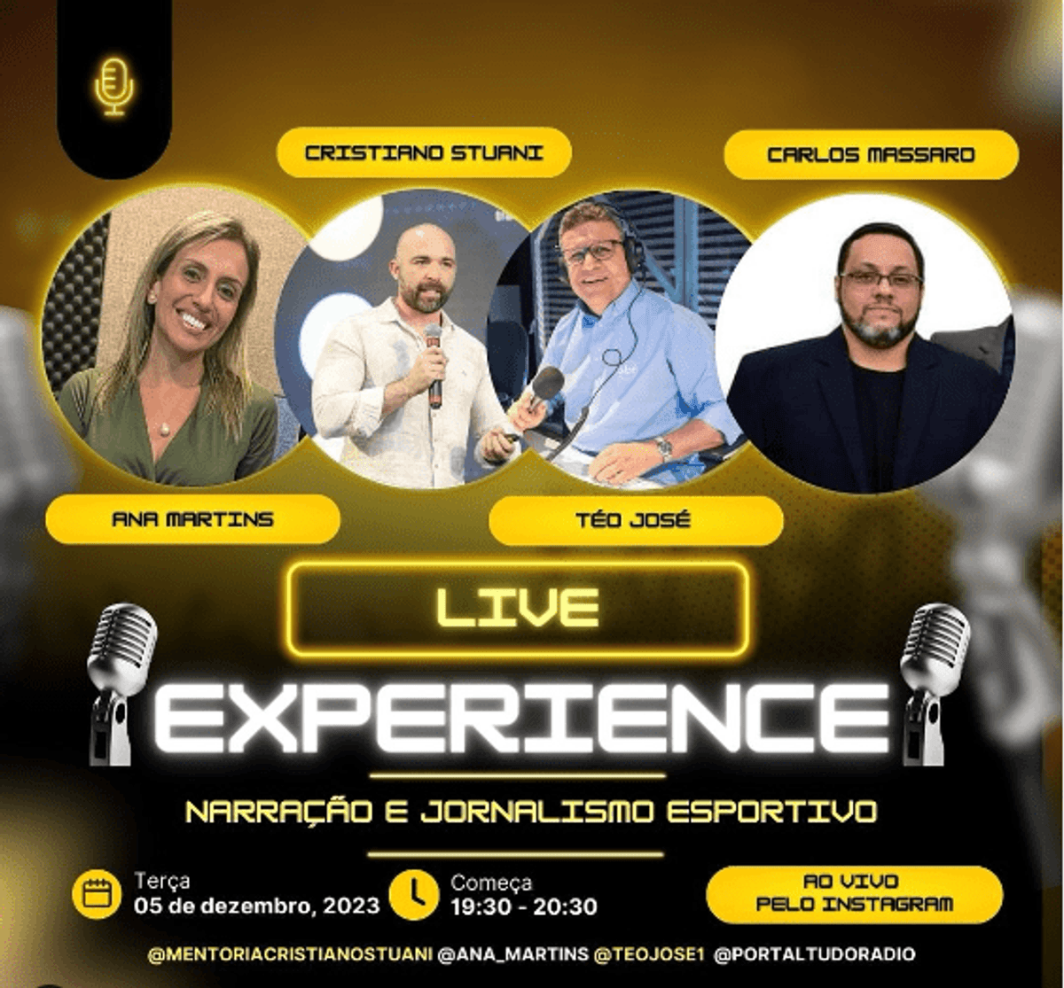 Live Experience sobre Narração e Jornalismo Esportivo terá Téo José e Ana Martins como convidados