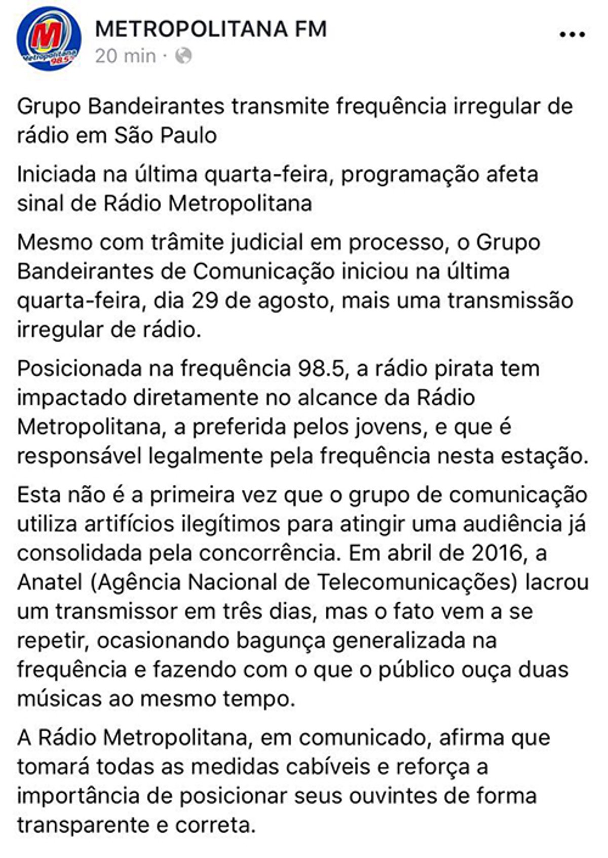 Metropolitana FM emite comunicado sobre interferências em seu sinal em São Paulo