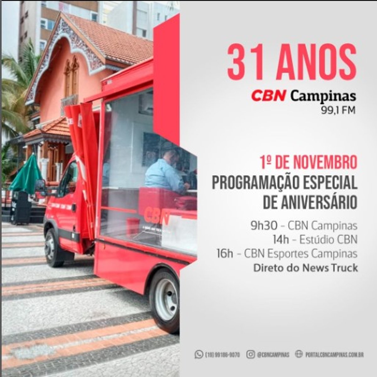 CBN completa 31 anos operando em Campinas com programação especial em seu News Truck