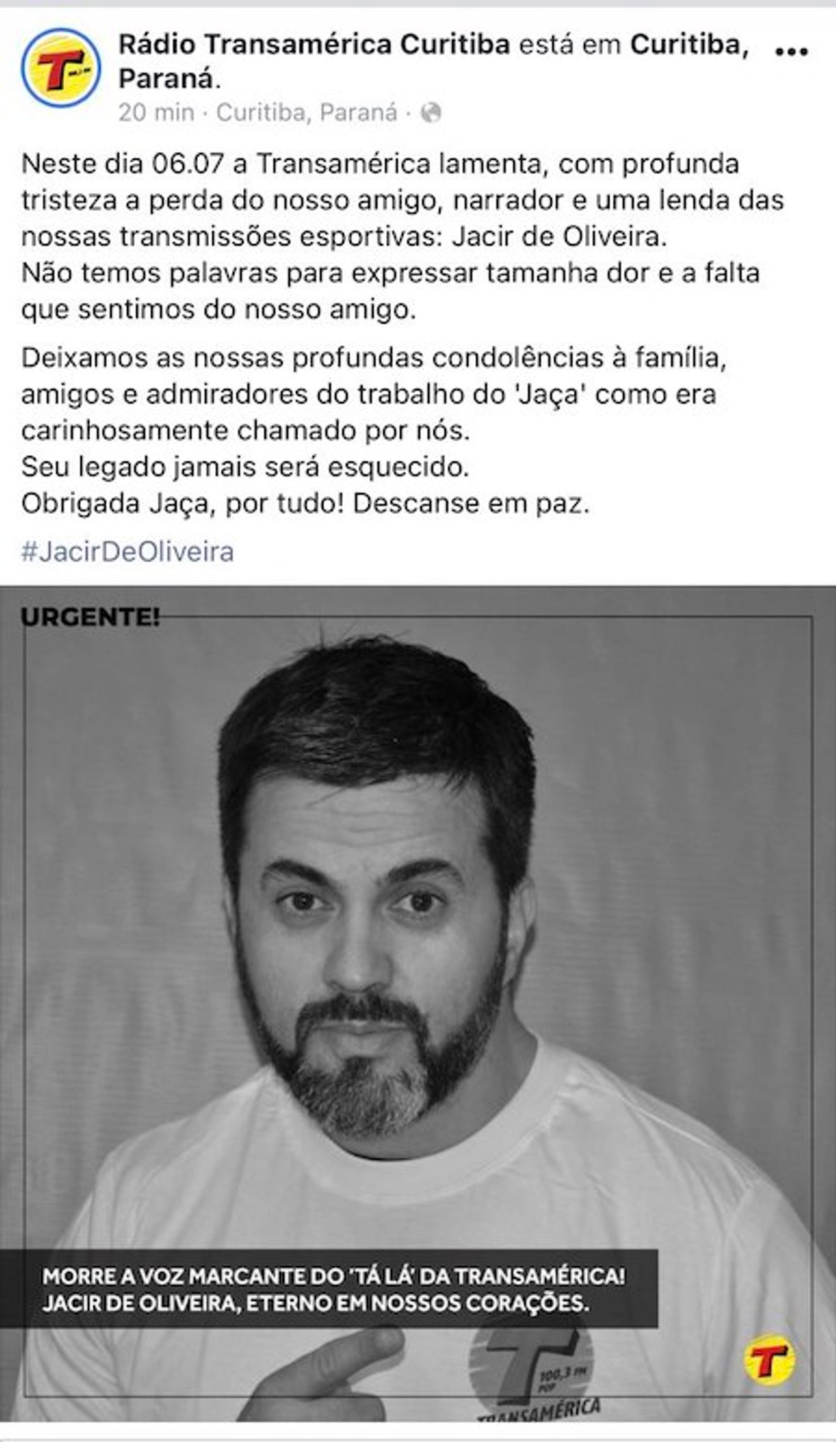 Narrador esportivo da Transamérica Curitiba, Jacir de Oliveira, morre aos 48 anos vítima da covid-19