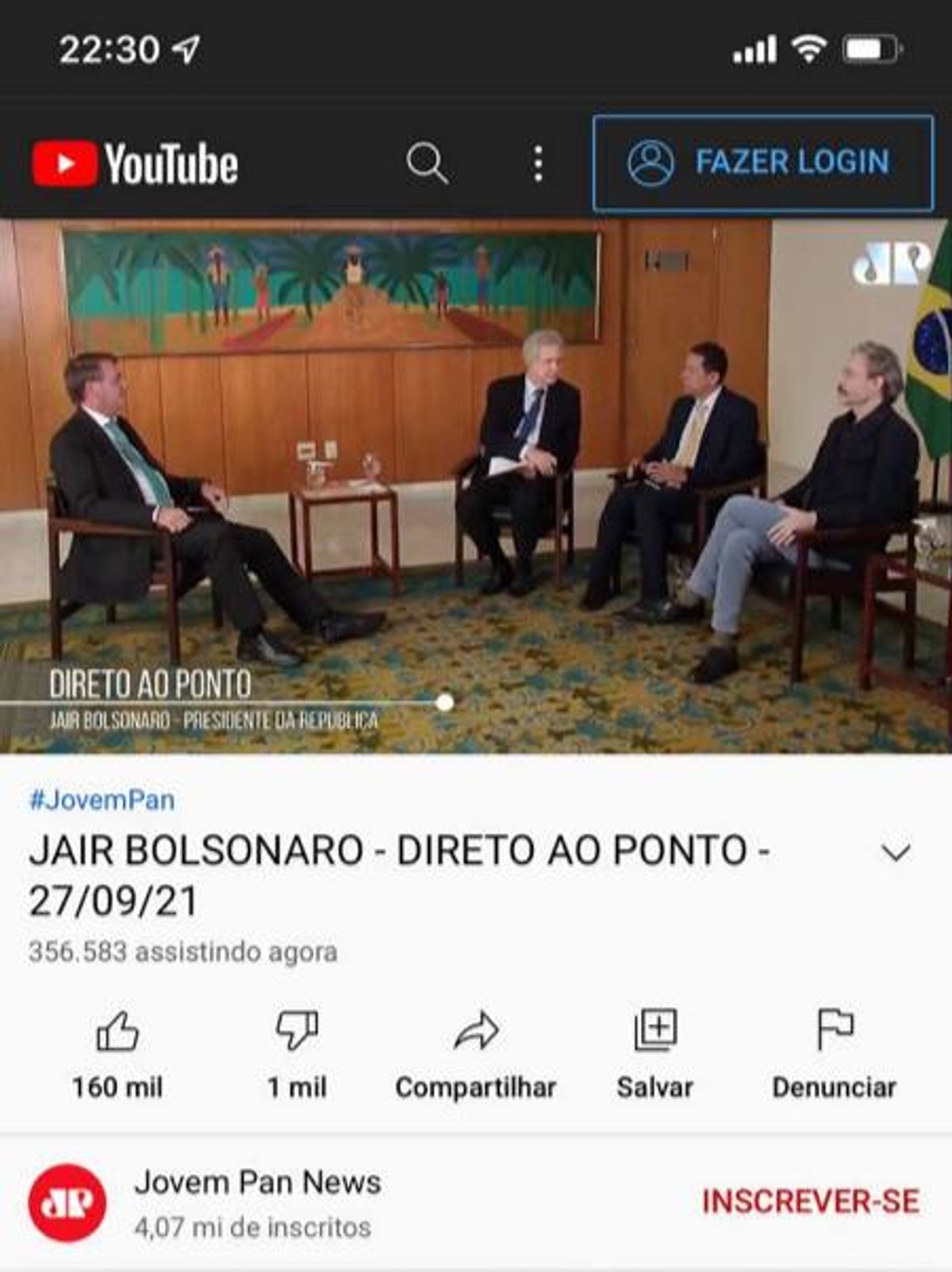 Canal da Jovem Pan no YouTube registra mais de 356 mil pessoas simultâneas em entrevista com Bolsonaro