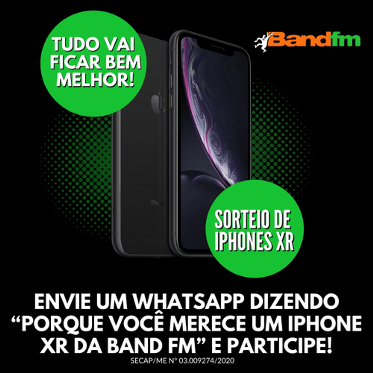 Band FM faz ação para sortear iPhones XR na programação. Participações seguem via WhatsApp