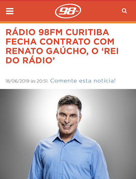 98 FM anuncia a contratação de Renato Gaúcho em Curitiba - Rádio